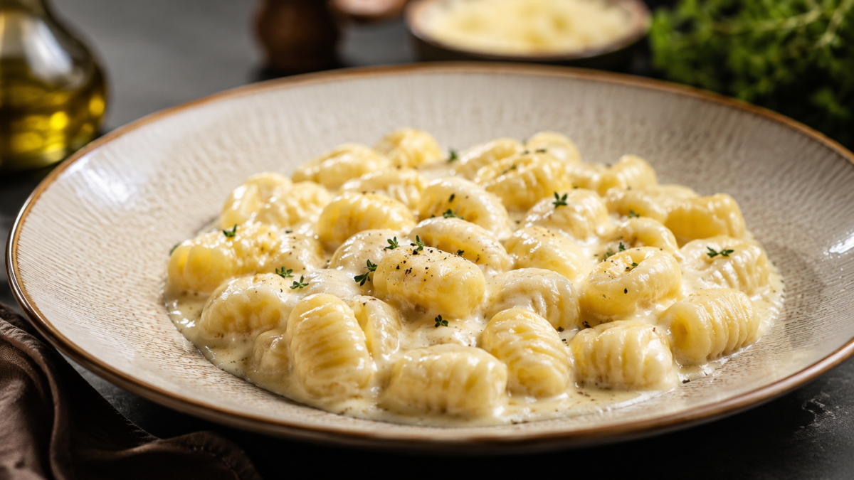 Nhoque ao molho de Catupiry cremoso finalizado com parmesão e manjericão