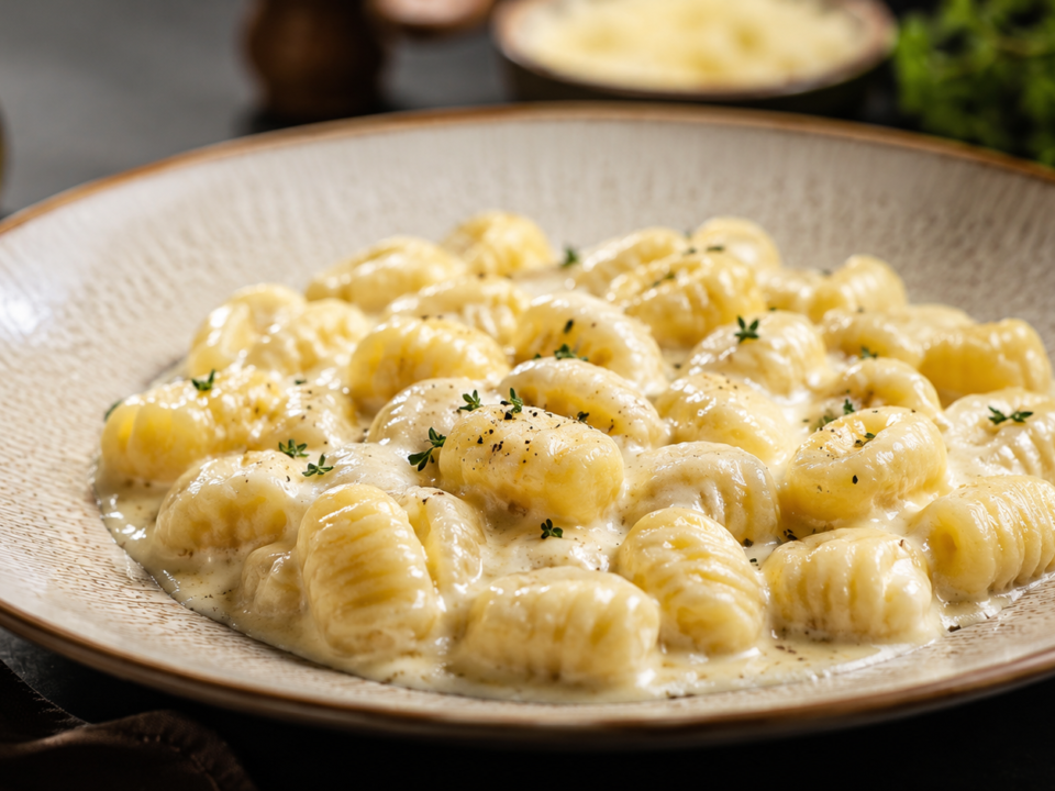 Nhoque ao molho de Catupiry cremoso finalizado com parmesão e manjericão